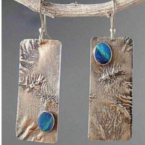 Geometry Pattern Blue Opal Shining Long Earrings
